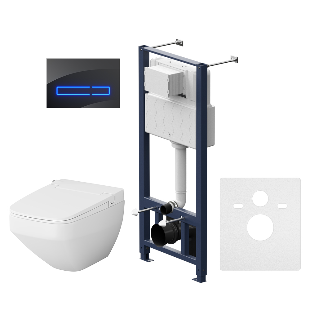 Инсталляция с клавишей Touchless Pro стекло чёрное с подвесным унитазом с электронным биде